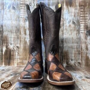 Cinch AM Alligator Patchwork Square Toe Cowboy Western Boots Chocolate 7B NEW